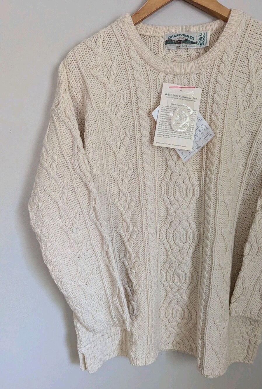 NWT Ivory Merino Wool ARAN CRAFTS Crew Neck Fisherman Knit Pullover Sweater XL
